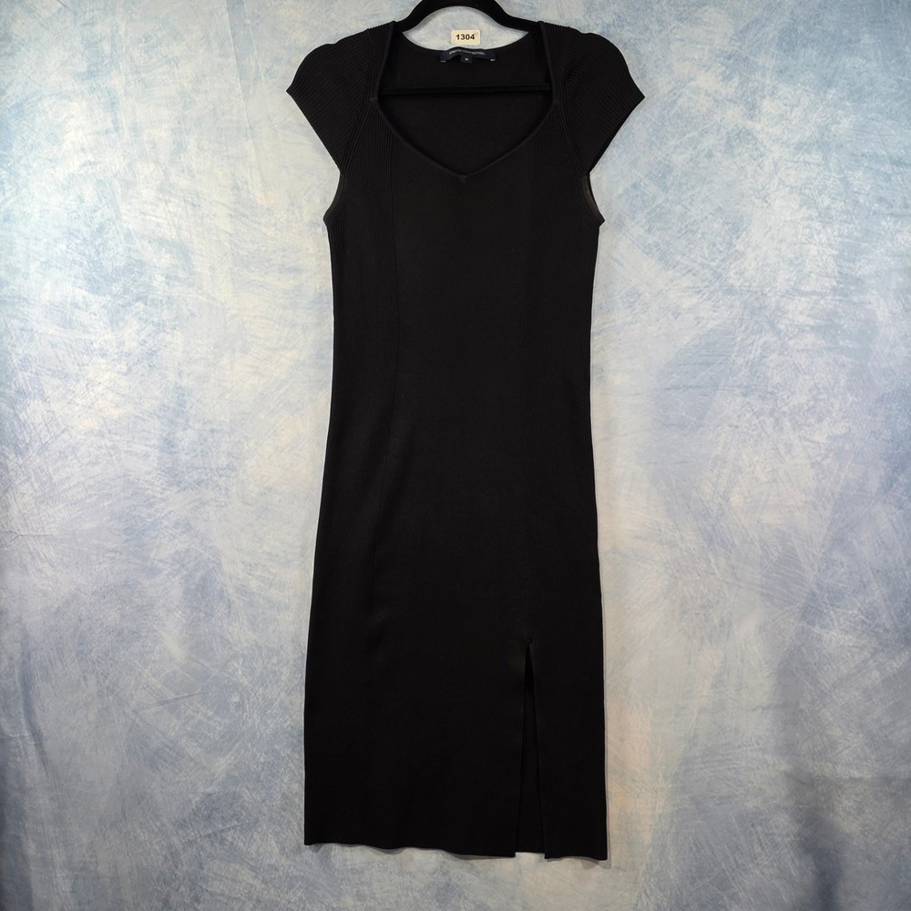 French Connection Womens Black Ribbed Cap Sleeve V-Neck Midi Sheath Dress Size M